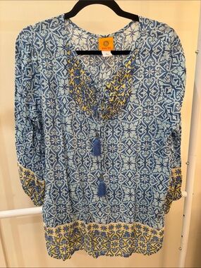 Ruby Rd. Blue and Yellow Printed V-Neck Tunic